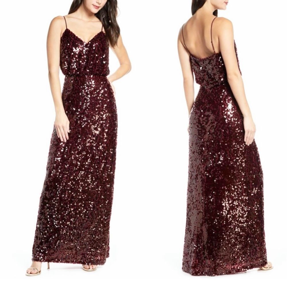 Wayf Burgundy Sequined The Savannah Blouson Pailette Evening Maxi Gown Dress M